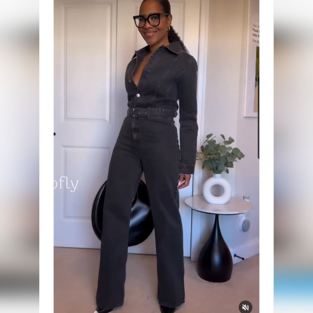Zara Full Length Denim Jumpsuit Gray Black NWT